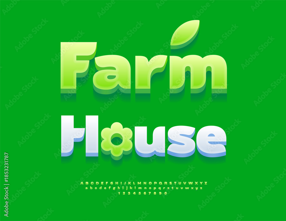 Naklejka premium Vector Marketing poster Farm House with Decorative Flower. Fashion Green Font. Modern Artistic 3D Alphabet Letters and Numbers set