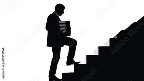 Man climbing stairs silhouette representing career growth progress success journey and step by step achievement concept