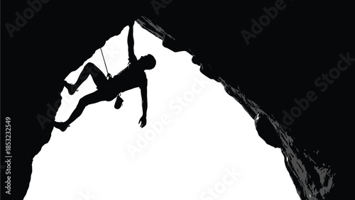 Rock climber silhouette ascending cliff representing courage challenge adventure and achievement mindset concept