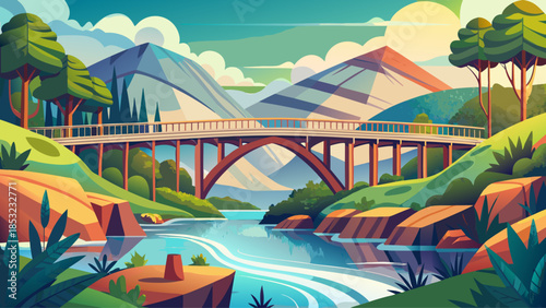 Very beautiful simple view of a bridge crossing a flowing river, capturing structural lines, reflections on water, and a balanced composition between architecture and nature.