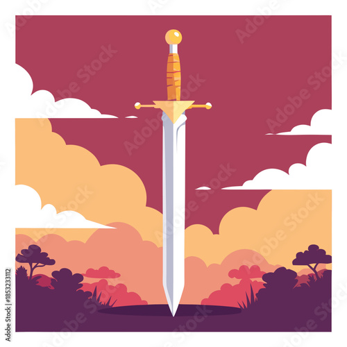 Sword embedded in ground with colorful sunset background  