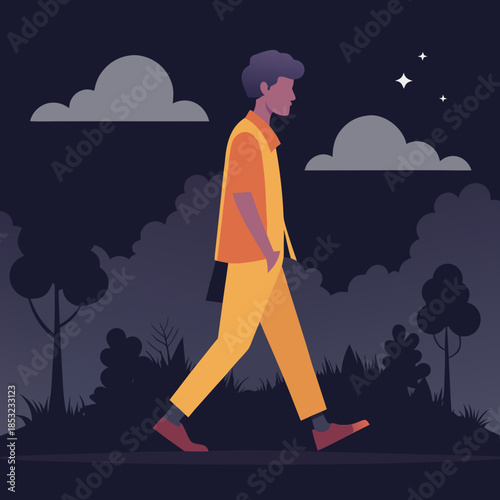 Young man walking in casual attire against a dark forest background  