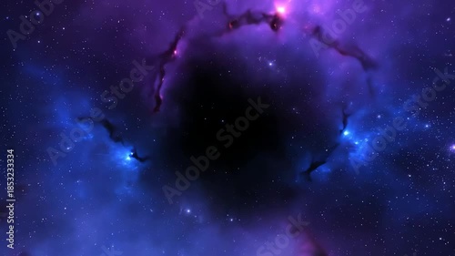 An immersive journey flying through a stunning purple and blue cosmic nebula in deep space