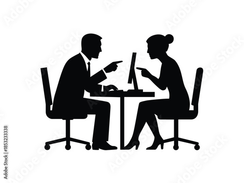 Business colleagues discussing at office desk with computer