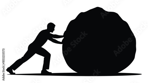 Man pushing heavy boulder silhouette representing perseverance effort challenge and unstoppable determination concept