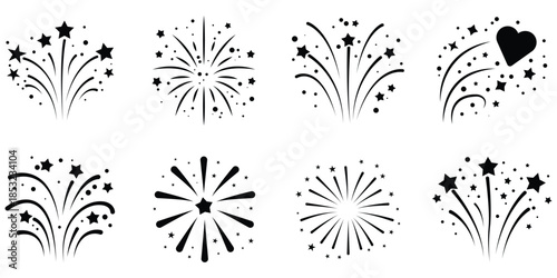 Fireworks celebration icon set, Festival burst silhouette pack, Decorative spark explosion collection