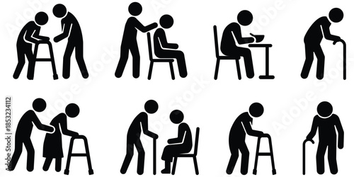 Elderly care stickman set, Senior assistance silhouette pack, Old age support figure collection
