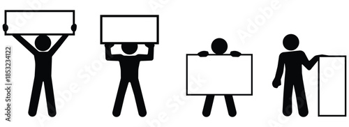 Stickman protest sign set, Demonstration silhouette pack, Public message holding figures