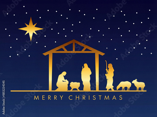 happy merry christmas manger scene with golden holy family in stable and animals
