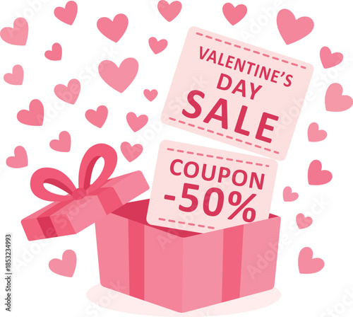 Valentine Day Sale concept. Special offer price sign. Advertising Discounts symbol. Promo code coupons and pink hearts fly out of the open gift box, isolated on white background. 