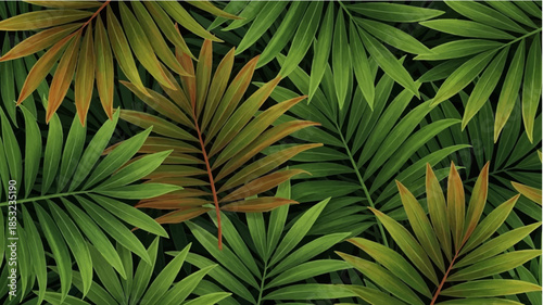 Vibrant tropical palm leaves in lush green and orange hues