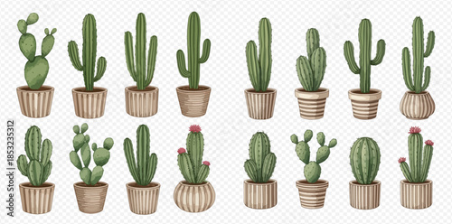 Watercolor illustration set of various green potted cacti and succulents, perfect for desert plant enthusiasts.