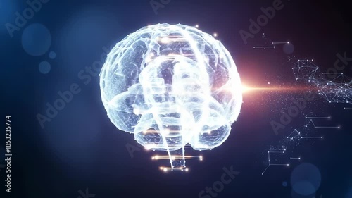 Glowing digital brain with neural connections and light trails