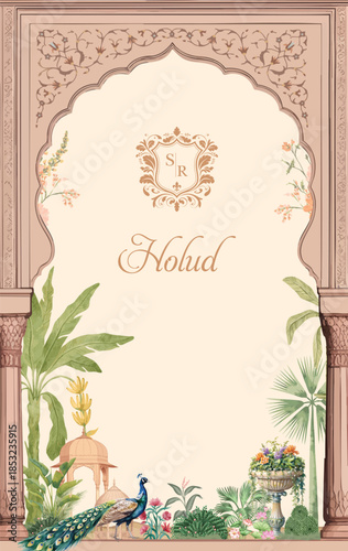 Traditional Mughal wedding invitation card design. Traditional wedding invitation card design.