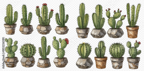 Collection of various potted watercolor cacti and succulents, perfect for home decor or botanical designs.