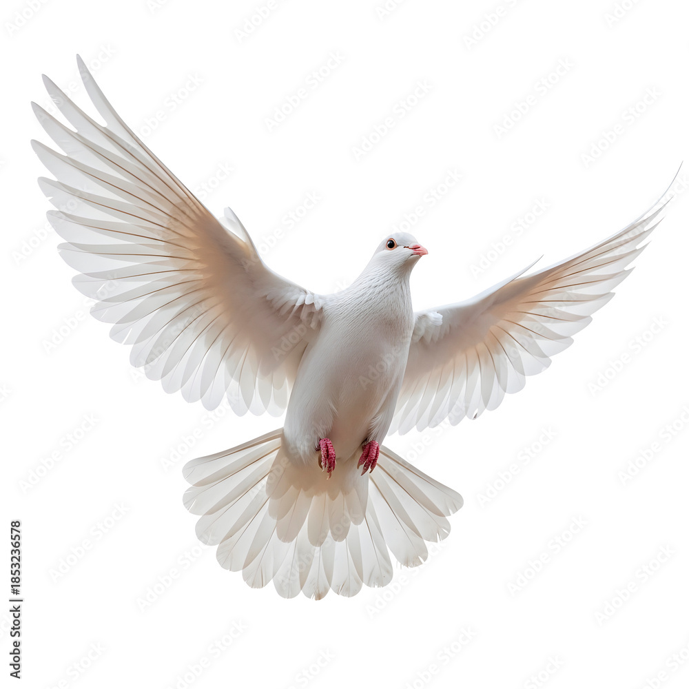 Obraz premium A majestic white dove soaring gracefully with its wings outstretched, symbolizing peace and freedom. The bird's pristine plumage and delicate features are beautifully captured against a bright sky.