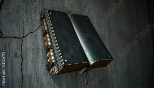 Rusty metal book in a steampunk style on a concrete surface