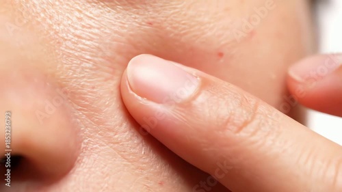 Extreme close-up of a finger touching problematic facial skin with enlarged pores and red pimples