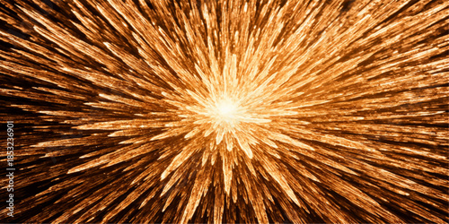 A vibrant burst of colorful pyrotechnics creates an abstract explosion of bright red and yellow light against the black night sky during a festive holiday celebration party