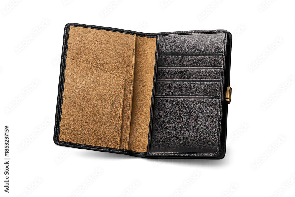 Naklejka premium Open Leather Wallet with Card Slots on transparent background scene.