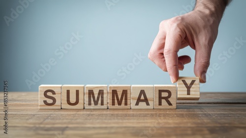 Hand placing wooden block to spell the word summary on a wooden table