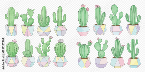 Watercolor collection of cute green cacti and succulents in colorful geometric pots.