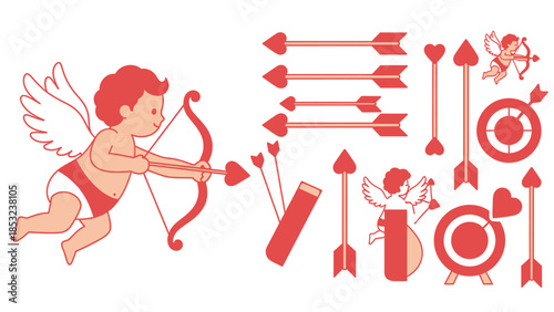 Red cartoon cherubs shooting arrows with bows and quivers cupids