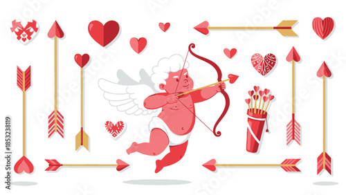 Red cupid with bow and arrow surrounded by hearts and arrows baby angel