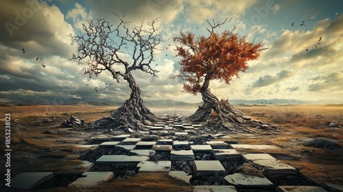 Two gnarled trees—one bare, one ablaze with autumn leaves—stand on a giant chessboard under stormy skies. The surreal scene evokes life’s choices, duality, and nature’s quiet drama.