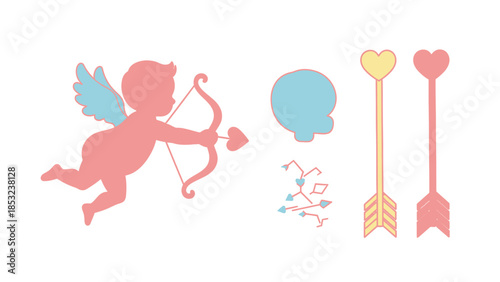 Silhouette of cherub with bow and arrow and heart-shaped arrowheads