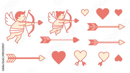 Obraz na płótnie Two cartoon cherubs with bows and arrows surrounded by hearts and arrows