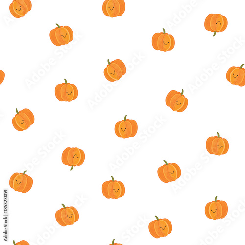 Smiling pumpkin baby seamless vector pattern on white background.