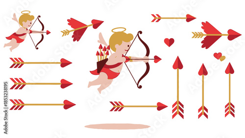 Two cherubs with bows and arrows shooting heart-tipped arrows baby angel
