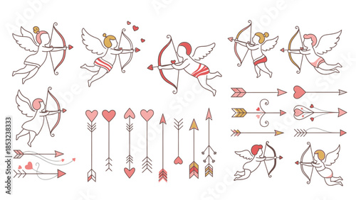 Cupid cherubs shooting arrows with hearts and colorful arrows pink