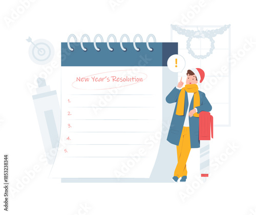 New Years resolution checklist, goal setting, personal planning, self improvement, and motivation campaign concept illustration