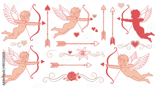 Cupid cherubs shooting arrows with hearts and flowers in vintage style