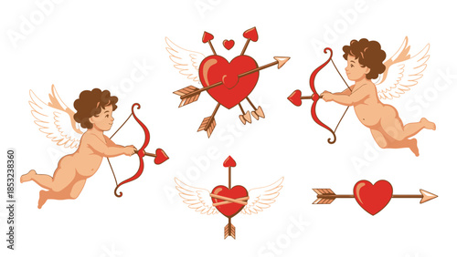 Cupid cherubs shooting heart arrows with wings and bows