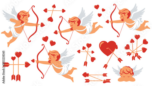 Cupid cherubs shooting heart arrows in vibrant red and orange
