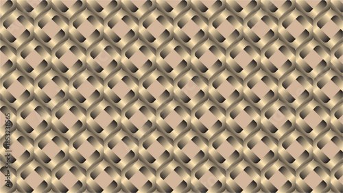 Seamless 3D geometric pattern of interconnected interlocking rings in beige and gold gradients.
