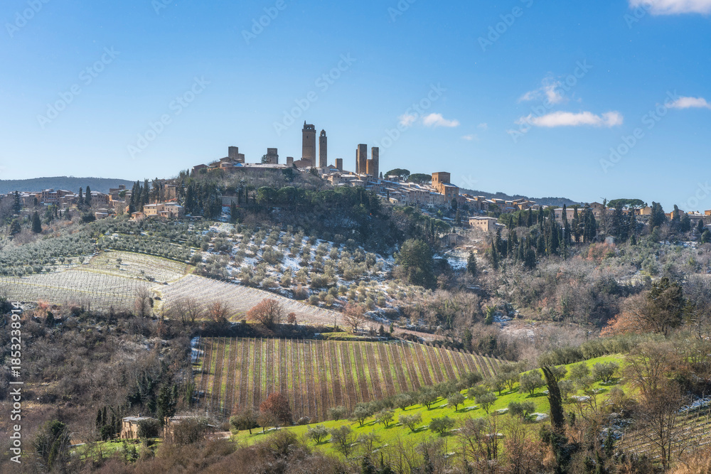 Fototapeta premium San Gimignano Medieval Towers in Winter with Snow, Tuscany
