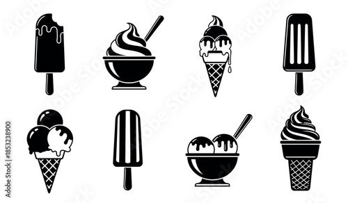 Variety of black and white dessert icons including ice cream and popsicles