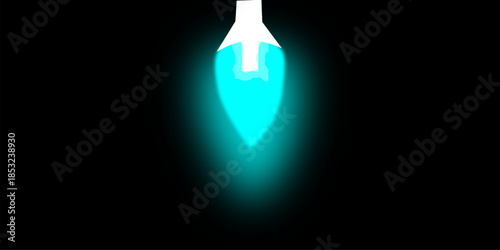 A vibrant cyan glowing light bulb with a white base against a stark black background, emitting a soft, ethereal illumination.