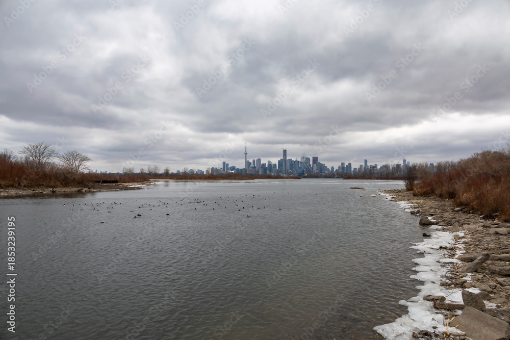 Fototapeta premium A serene view of the Toronto skyline from Tommy Thompson Park showcasing the urban landscape and natural beauty together.