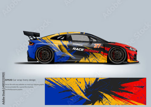 A vibrant yellow and blue racing wrap featuring explosive graphic patterns for maximum track visibility.