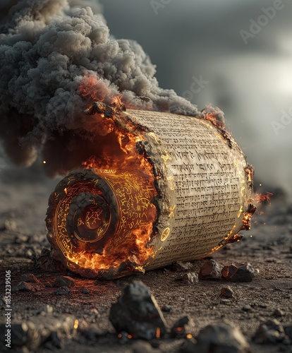 A burning scroll smolders with flames, smoke rising dramatically. The charred edges and glowing embers create an intense, fiery scene. 
