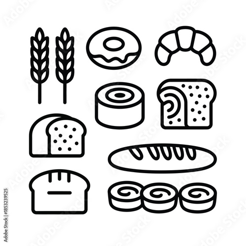 A collection of black outline icons features various baked goods including bread, donuts, croissants, and wheat