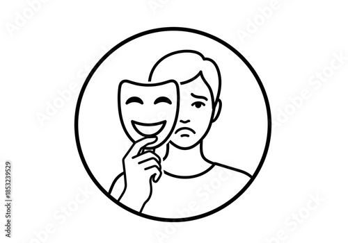 A simple black and white illustration of a man with a theatrical