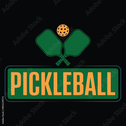 A vibrant pickleball logo prominently features green paddles, an orange ball, and bold orange lettering