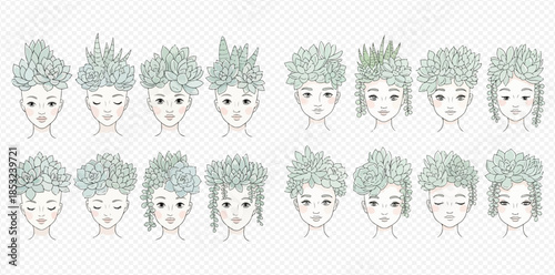 Set of diverse female faces with various green plant hairstyles representing nature and individuality.