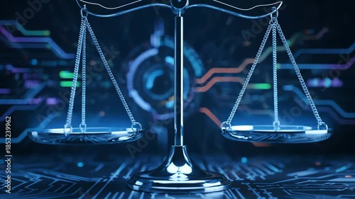 A futuristic animation of the scales of justice against a glowing digital circuit board background symbolizing cyber law and AI ethics.